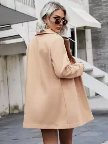 SHEIN Clasi Solid Double Breasted Overcoat,Ladies Late Fall Elegant Double Button Regular Sleeve Lapel Regular Fit Khaki Plain Women Overcoats,Casual Daily Wear - Khaki - View 2