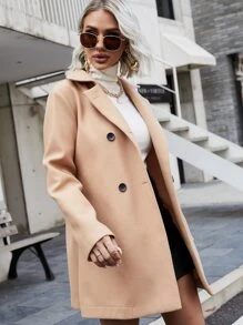 SHEIN Clasi Solid Double Breasted Overcoat,Ladies Late Fall Elegant Double Button Regular Sleeve Lapel Regular Fit Khaki Plain Women Overcoats,Casual Daily Wear - Khaki - View 3