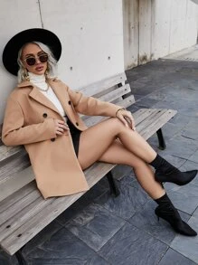 SHEIN Clasi Solid Double Breasted Overcoat,Ladies Late Fall Elegant Double Button Regular Sleeve Lapel Regular Fit Khaki Plain Women Overcoats,Casual Daily Wear - Khaki - View 4