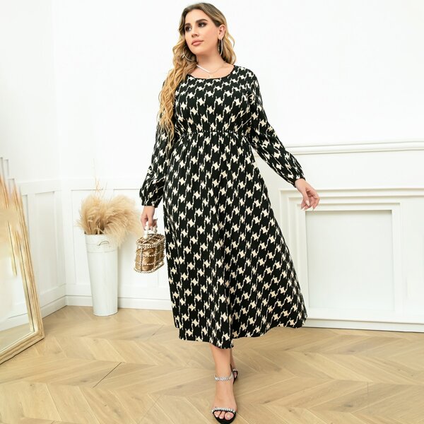 

Plus Houndstooth Print Lantern Sleeve Dress, Multicolor