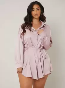 SHEIN Essnce 大碼落肩袖腰帶長款襯衫 - 藕粉色 - 查看 1