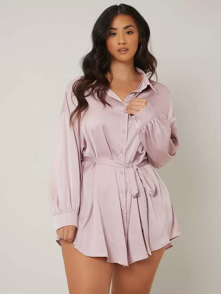 SHEIN Essnce 大碼落肩袖腰帶長款襯衫 - 藕粉色 - 查看 1