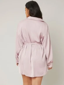 SHEIN Essnce 大碼落肩袖腰帶長款襯衫 - 藕粉色 - 查看 2