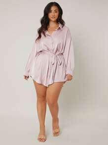 SHEIN Essnce 大碼落肩袖腰帶長款襯衫 - 藕粉色 - 查看 3