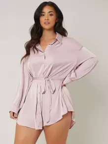 SHEIN Essnce 大碼落肩袖腰帶長款襯衫 - 藕粉色 - 查看 5