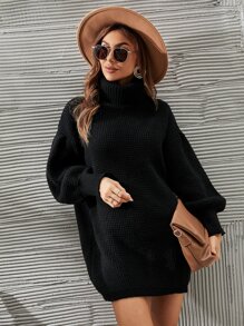 SHEIN Frenchy Váy len cổ lọ tay loe cho mùa thu/đông - màu đen - Xem 3