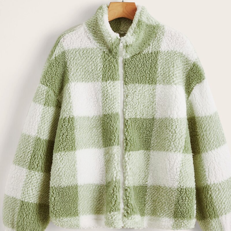 

Plaid Print Zip Up Teddy Jacket, Multicolor