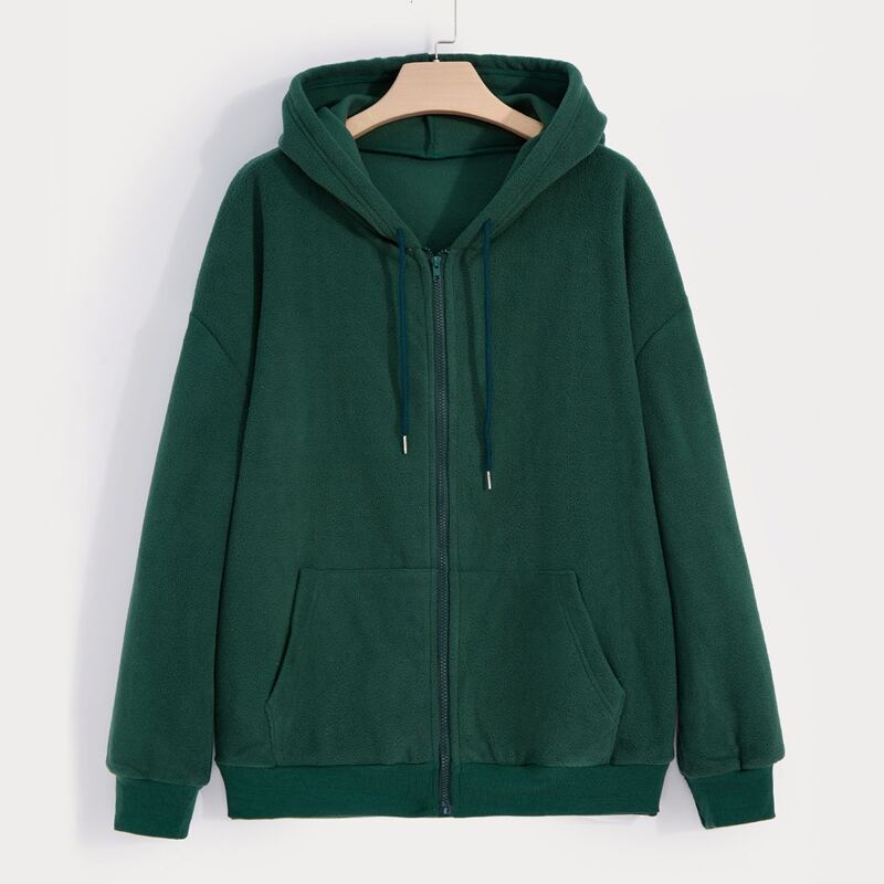 

Solid Drawstring Teddy Hoodie, Dark green