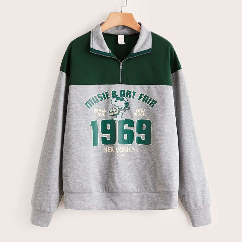 

Letter Cartoon Graphic Half Zip Sweatshirt, Multicolor