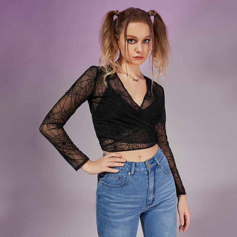 

Cobweb Mesh Crop Top, Black