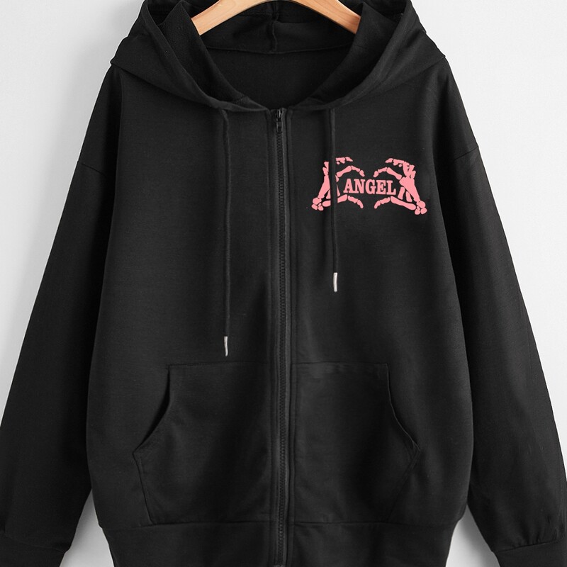 

Letter Skeleton Graphic Zip Up Pocket Hoodie, Black