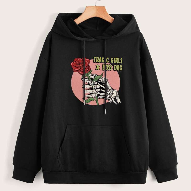 

Letter Floral & Skeleton Graphic Pocket Drawstring Hoodie, Black
