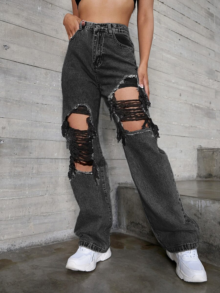 SHEIN ICON 高腰破洞牛仔褲 - 黑色 - 查看 1