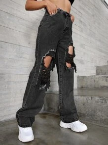 SHEIN ICON 高腰破洞牛仔褲 - 黑色 - 查看 4
