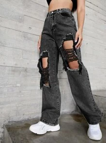 SHEIN ICON 高腰破洞牛仔褲 - 黑色 - 查看 5
