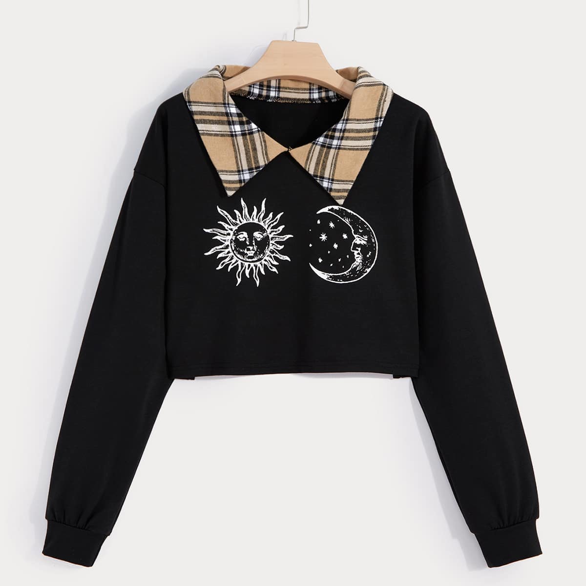 

Sun & Moon Graphic Contrast Plaid-collar Crop Sweatshirt, Black
