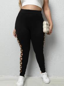 SHEIN SXY Quần lót kích thước lớn Hội Chữ thập Cắt ra màu trơn Giải trí - màu đen - Xem 3