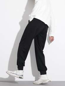 Manfinity 男士鳥印花腰部抽繩衛褲 - 黑色 - 查看 2