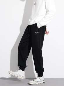 Manfinity 男士鳥印花腰部抽繩衛褲 - 黑色 - 查看 3