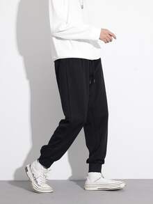 Manfinity 男士鳥印花腰部抽繩衛褲 - 黑色 - 查看 4