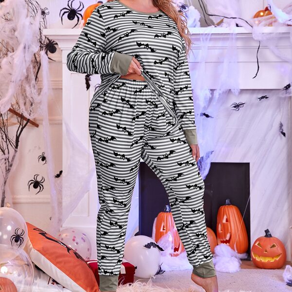 

Plus Halloween Bat Print Striped PJ Set, Grey