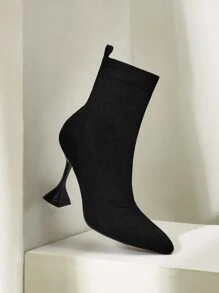 CUCCOO SZL Minimalist Knit Pyramid Heeled Boots - Black - View 4