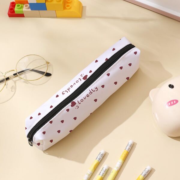 

Heart Print Pencil Case, Red and white