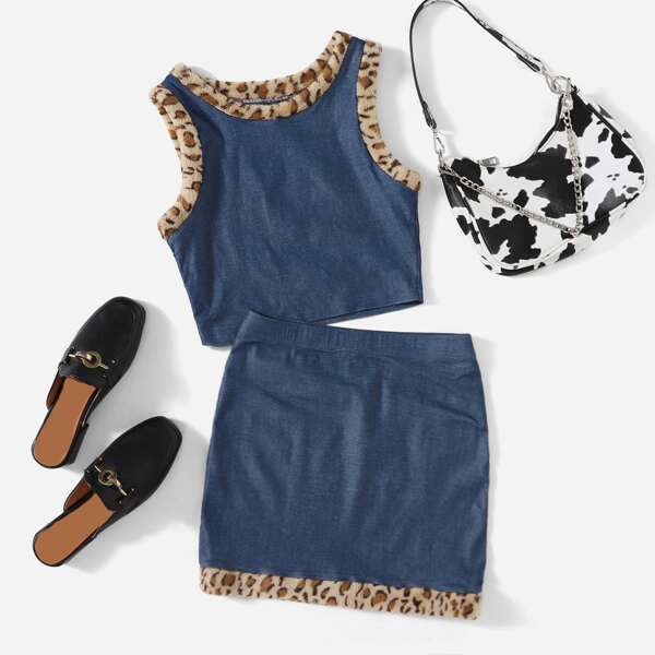 

Leopard Print Crop Tank Top & Bodycon Skirt, Blue
