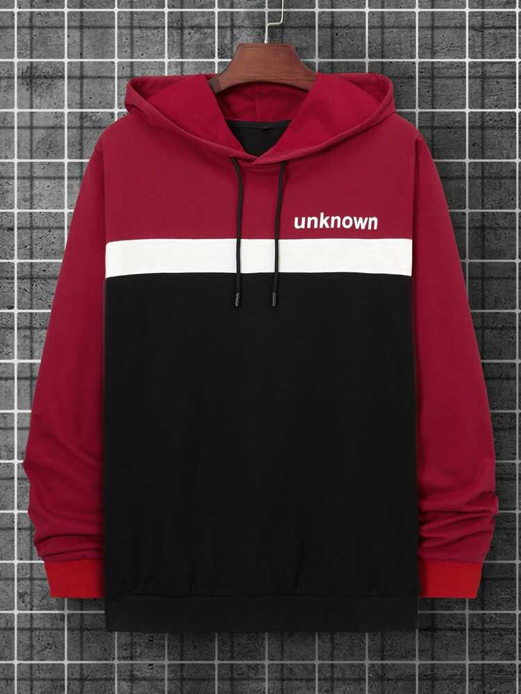Men Letter Graphic Colorblock Drawstring Hoodie
