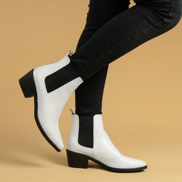 

Braided Embossed Chunky Heeled Chelsea Boots, White