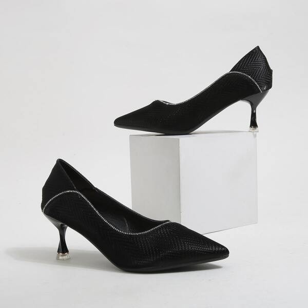 

Rhinestone Decor Textured Court Pumps, Black