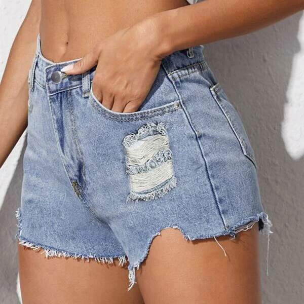 

Рваные асимметрические джинсовые шорты с необработанным краем, Легко-синий