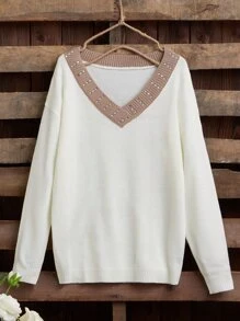 Áo len nữ Pha lê kim cương màu trơn Giải trí - trắng - Xem 1