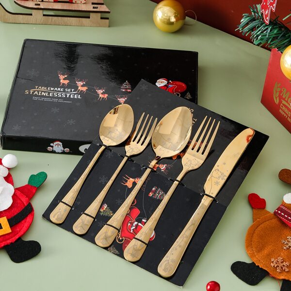 

5pcs Christmas Elk Print Stainless Steel Cutlery Set, Multicolor