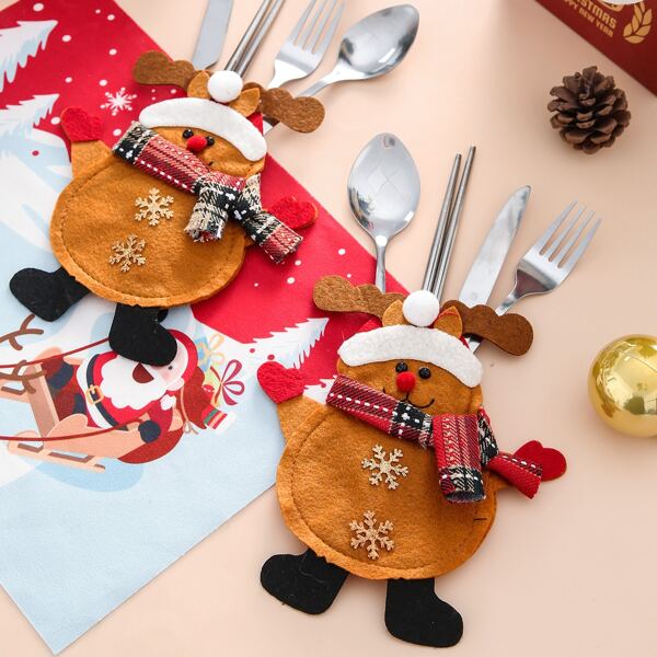 

5pcs Stainless Steel Cutlery Set With Christmas Elk Shaped Bag, Multicolor