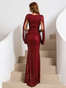 Missord Đầm ghép mộng kim sa Dây kéo Tách cao Ruffle phóng đại màu trơn Hấp dẫn - Màu Đỏ Sâu - Xem 2