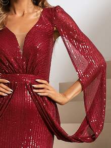 Missord Đầm ghép mộng kim sa Dây kéo Tách cao Ruffle phóng đại màu trơn Hấp dẫn - Màu Đỏ Sâu - Xem 4