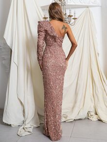 Missord One Shoulder Ruffle Trim Split Thigh Sequins Dress - Dusty Pink - View 2