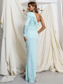 Missord One Shoulder Ruffle Trim Split Thigh Sequins Dress - Mint Blue - View 2