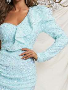 Missord One Shoulder Ruffle Trim Split Thigh Sequins Dress - Mint Blue - View 4