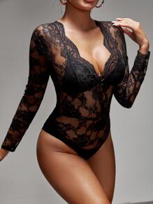 SHEIN SXY Plunge Neck Lace Bodysuit Without Lingerie - Black - View 5