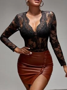 SHEIN SXY Plunge Neck Lace Bodysuit Without Lingerie - Black - View 3