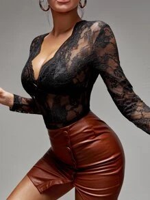 SHEIN SXY Plunge Neck Lace Bodysuit Without Lingerie - Black - View 4