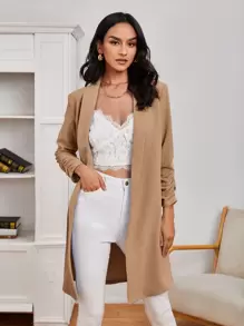 SHEIN LUNE Áo khoác  âu phục nữ Xù màu trơn Giải trí - Màu Khaki - Xem 1