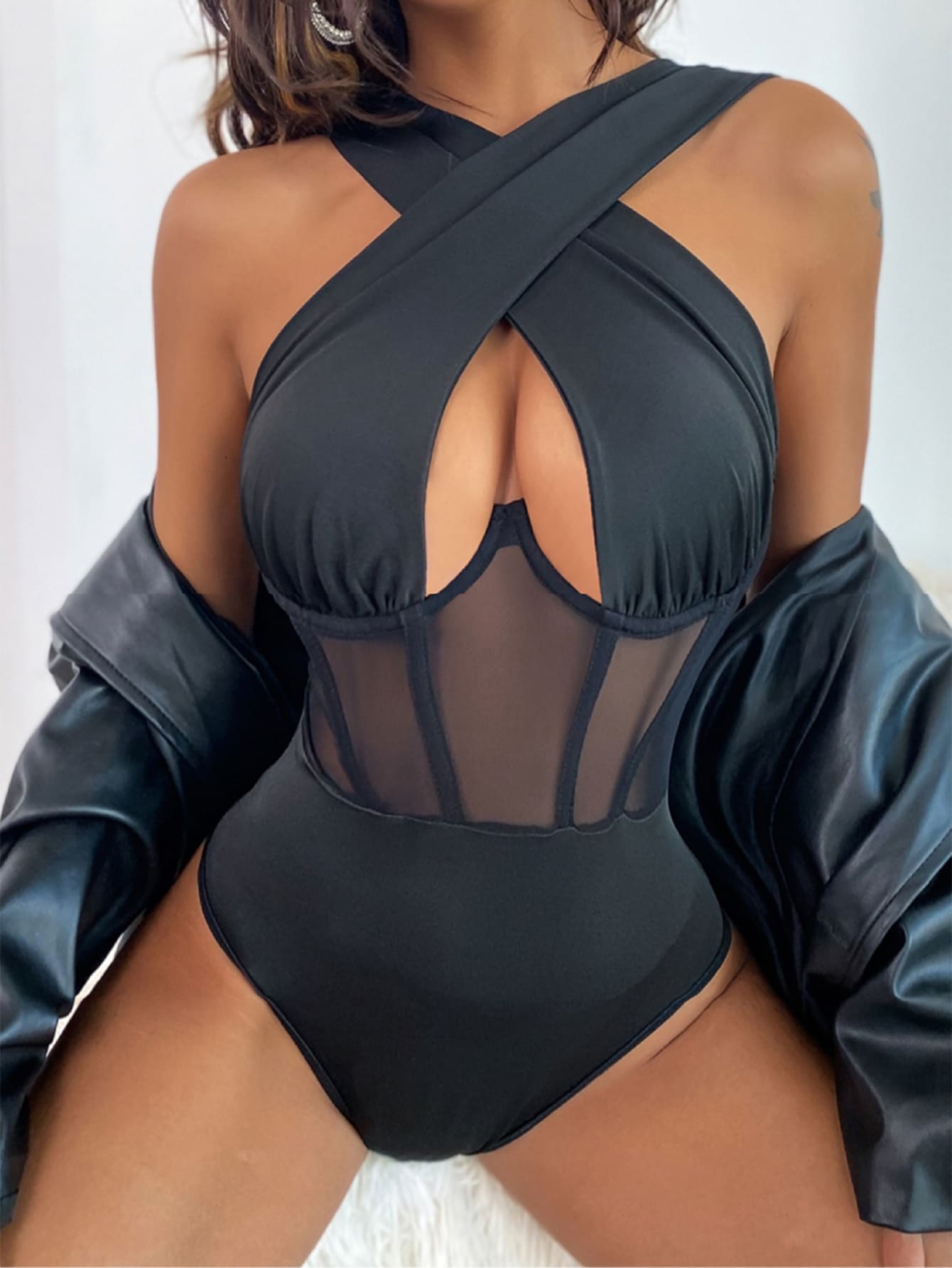 SHEIN SXY Cross Wrap Mesh Panel Bodysuit - Black - View 1