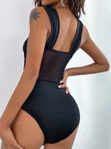 SHEIN SXY Cross Wrap Mesh Panel Bodysuit - Black - View 2