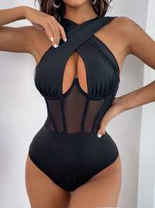 SHEIN SXY Cross Wrap Mesh Panel Bodysuit - Black - View 3