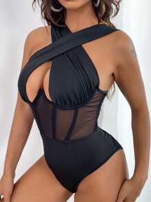 SHEIN SXY Cross Wrap Mesh Panel Bodysuit - Black - View 5