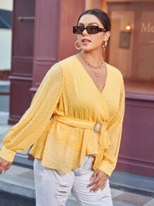 SHEIN Privé 大碼圓點荷葉邊襯衫 - 黃色 - 查看 5