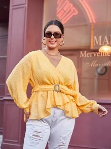 SHEIN Privé 大碼圓點荷葉邊襯衫 - 黃色 - 查看 3